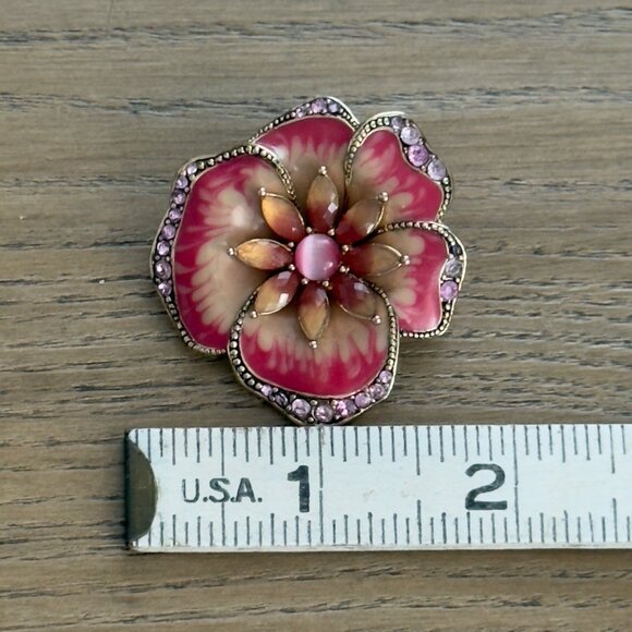 Vintage LC Liz Claiborne Brooch Pin Flower Orange Pink Enamel Rhinestones Signed - Picture 6 of 9
